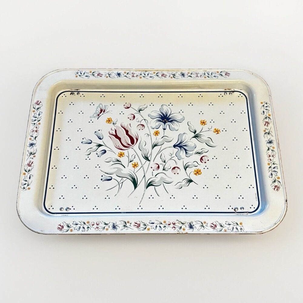 Vintage Metal TV Dinner Lap Tray Floral Tulip Butterfly Dot Pattern Folding Legs